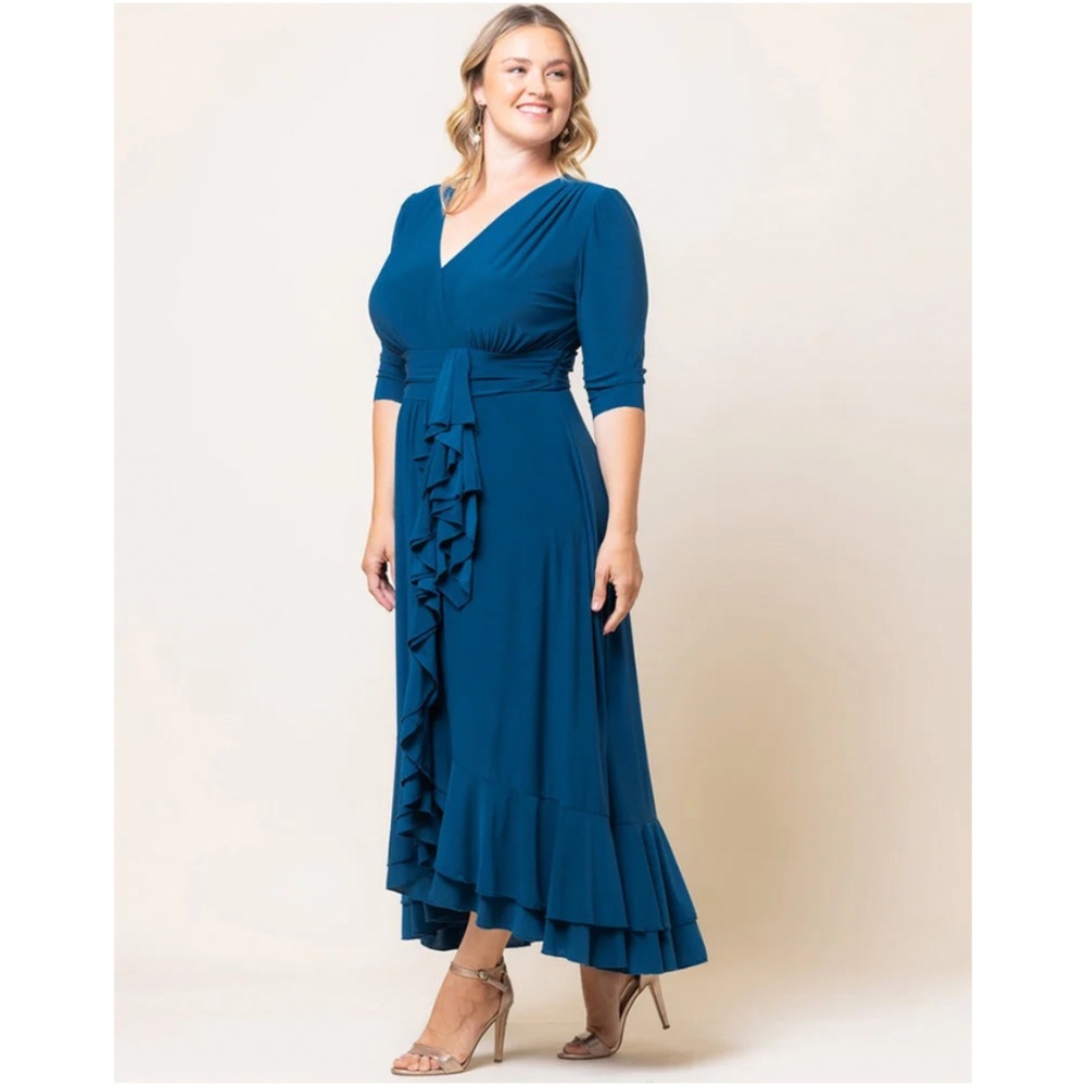 Blue side ruffle long cocktail party or evening dress